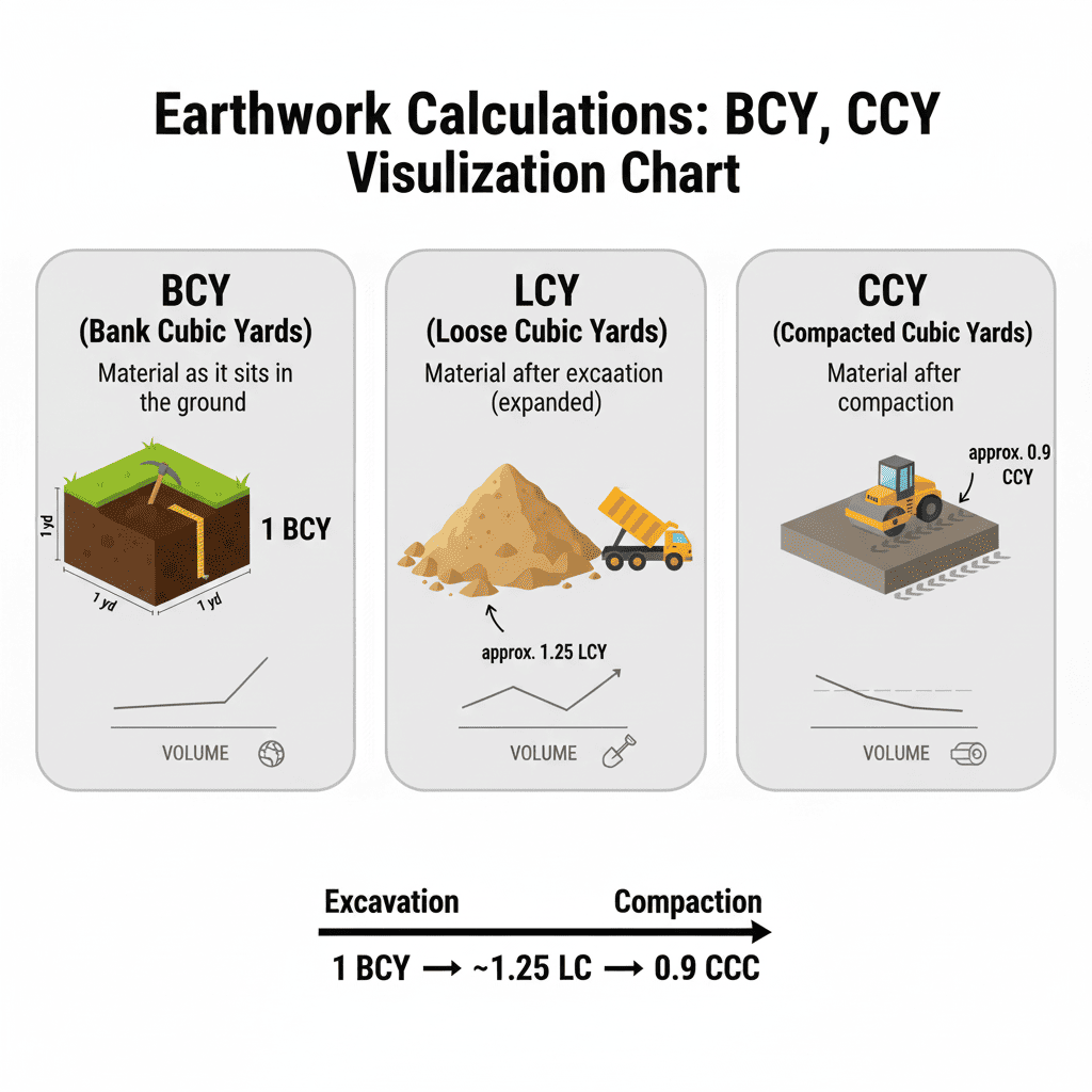 BCY LCY CCY earthwork visualization chart showing bank, loose, and compacted cubic yards
