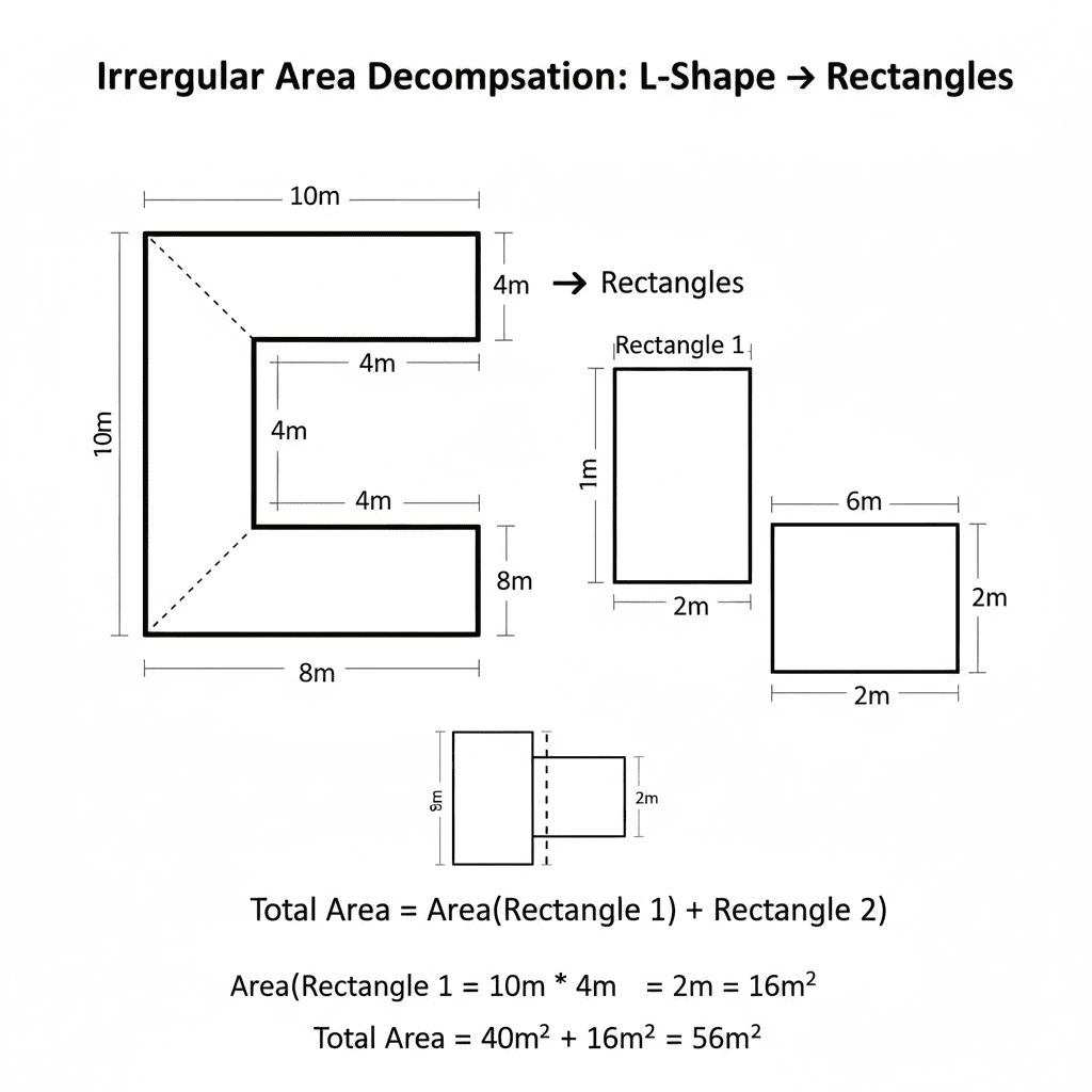 Irregular area decomposition showing how to break down L-shaped areas into rectangles for calculation